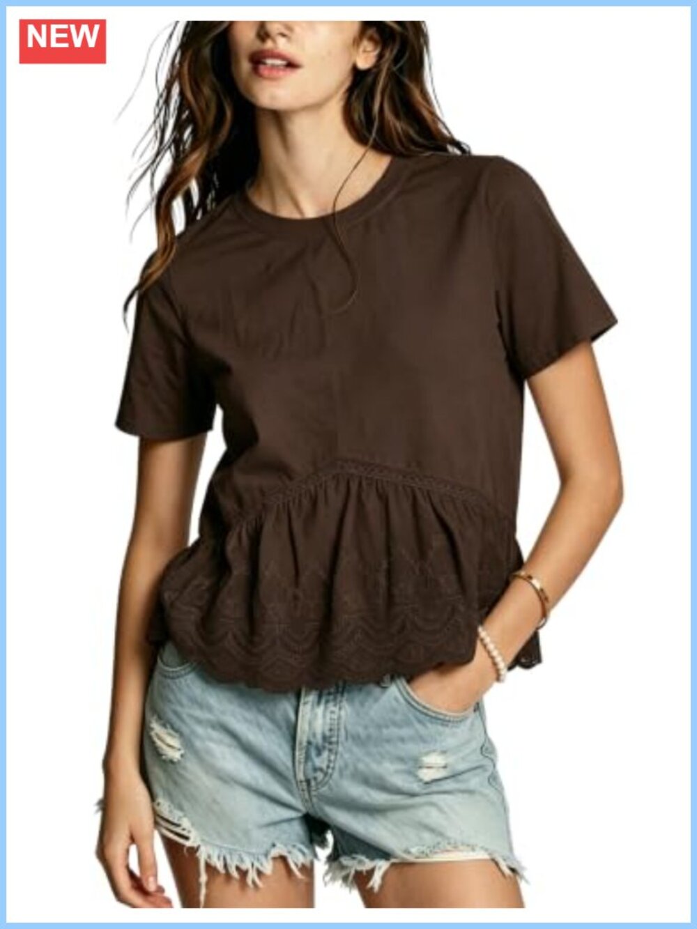 Women's Casual Embroidered Crop Babydoll Top Crew Neck Cuff Sleeve Cotton Blend